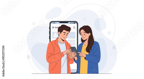 Couple using mobile banking app on smartphone, online finance concept illustration