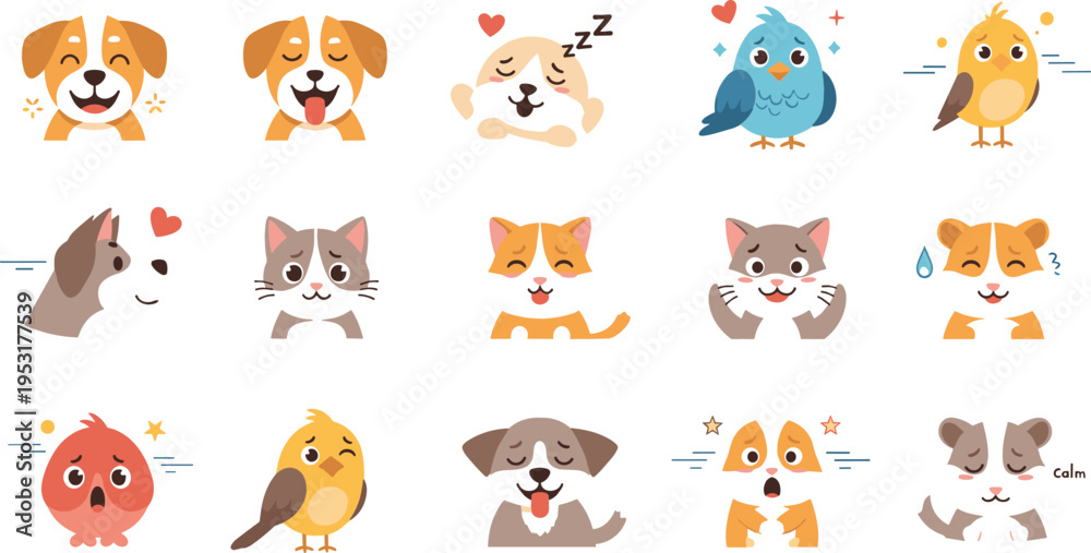Fototapeta premium Cute pets emotions set with dogs cats and birds, cartoon animal faces showing happy sad sleepy moods, adorable vector illustration collection