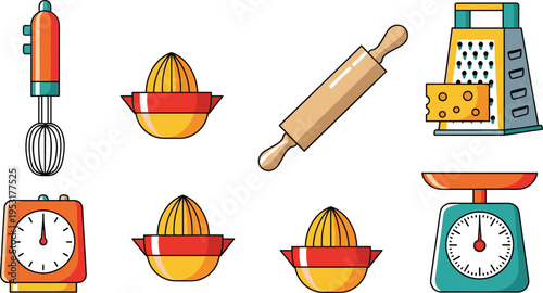 Kitchen Cooking Tools and Baking Equipment Icon Set Vector Illustration with Hand Mixer Citrus Juicer Rolling Pin Cheese Grater Timer and Scale