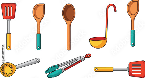 Kitchen Cooking Utensils Icon Set Vector Illustration with Spatula Wooden Spoons Soup Ladle Pasta Server and Kitchen Tongs for Food Preparation