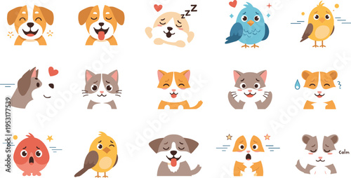 Cute pets emotions set with dogs cats and birds, cartoon animal faces showing happy sad sleepy moods, adorable vector illustration collection