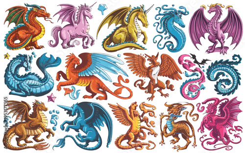 Vibrant collection of whimsical and colorful mythical dragon illustrations Vector
