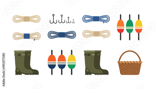 Illustrative set featuring fishing essentials like ropes, sharp hooks, colorful bobbers, waterproof boots, and a wicker basket, perfect for anglers