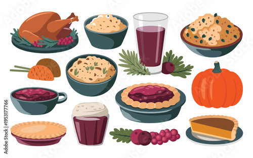 A festive assortment of traditional thanksgiving dishes and decorations Vector