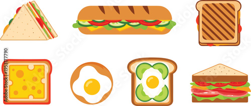 Sandwich and Breakfast Food Collection Vector Illustration with Toast Sandwich Baguette Cheese Toast Fried Egg Avocado Toast and Cafe Snack Icons