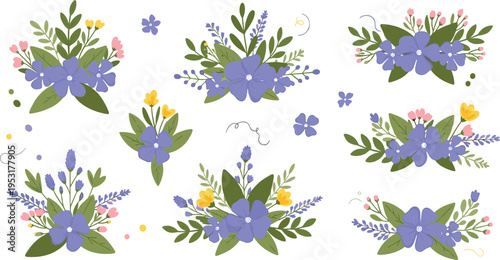 Floral bouquet set with blue flowers and greenery, decorative botanical arrangements for wedding invitations and spring design vector illustration collection