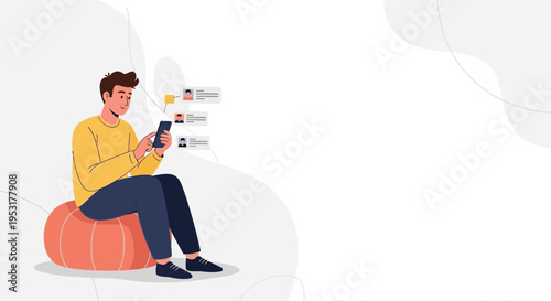 Young man using smartphone, receiving messages, modern illustration, communication concept