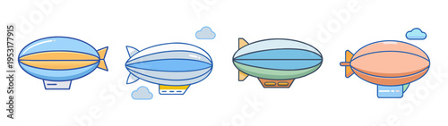 Airship zeppelin vector illustration set of vintage blimp dirigible air transport design element