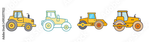 Illustration of construction vehicles tractors road rollers for building and infrastructure projects