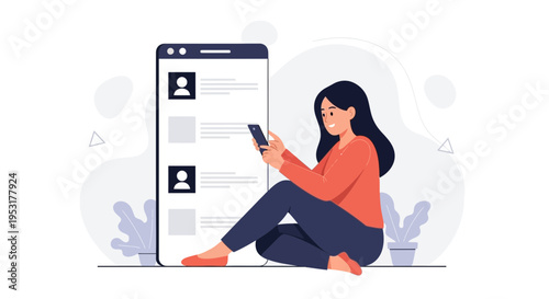 Woman Using Smartphone Next to Large Mobile App Interface