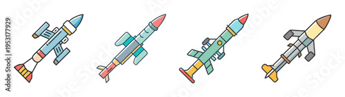Cartoon missiles vector illustration: military rockets, weapon systems, and defense technology designs