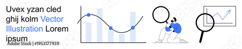 Data analysis, market trends, research strategies, business growth, statistical insights, information study. Line graph, bar chart magnifying glass and person analyzing data. Data analysis