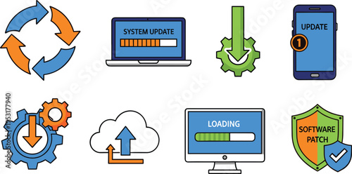 Software Update and System Upgrade Icon Set Vector Illustration with Download Arrow Loading Bar Cloud Update Smartphone Notification and Security Patch
