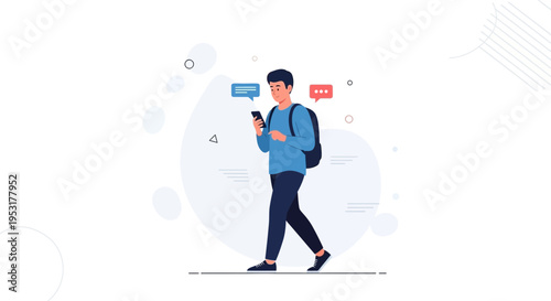Young Man Walking While Texting on Smartphone, Communication Concept
