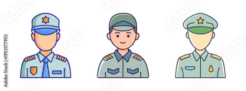 Vector art of military officers army soldiers in uniform with hats and badges illustration