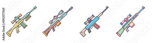 Sniper rifle weapon illustration set, colorful sniper rifles, gaming guns, military weapons, vector art