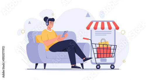 Person shopping online on phone, sitting on sofa with shopping cart and store on screen