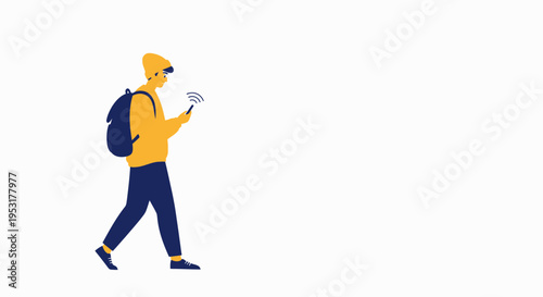 Young man walking with backpack and smartphone, signal waves from phone