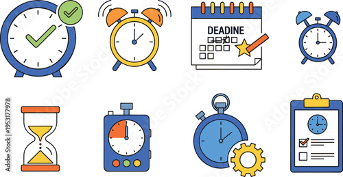 Time Management and Productivity Icon Set Vector Illustration with Alarm Clock Deadline Calendar Hourglass Stopwatch Task Checklist and Work Schedule Tools