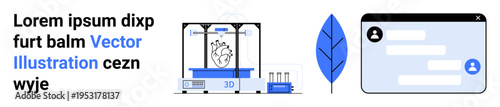 3D printing, technology advancement, scientific innovation, user interface, communication, medical imaging. A 3D printer with a heart model, a leaf and a chat interface. 3D printing and technology