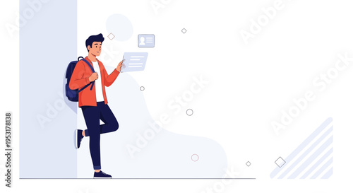 Young man with backpack checking information on a tablet near a wall