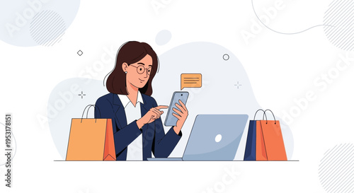 Woman using smartphone and laptop with shopping bags, online shopping concept