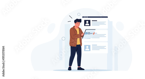 Man reviewing resumes on a digital screen, recruitment concept