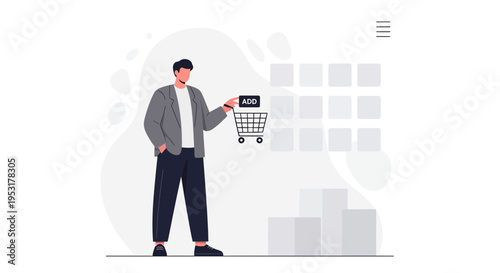 Man adding item to shopping cart, online shopping concept, e-commerce illustration