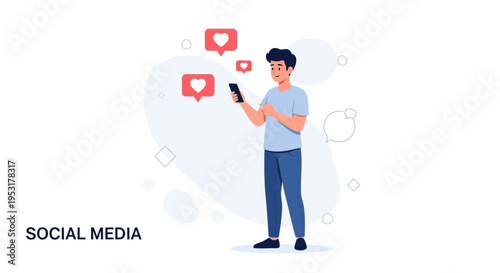Young man using smartphone, social media likes and notifications, modern flat illustration