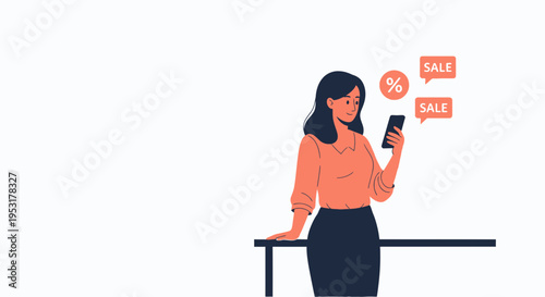 Woman Using Smartphone for Online Shopping, Sale Notifications