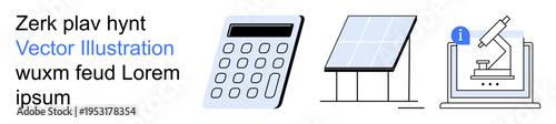 Financial planning, renewable energy, technology, scientific research, innovation, education. Icons of a calculator, solar panel and laptop with a microscope. Financial planning and renewable energy