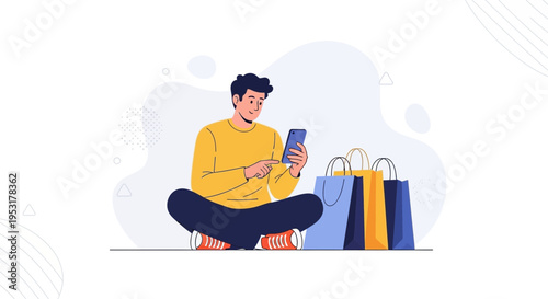 Man with smartphone and shopping bags, online shopping concept, modern illustration