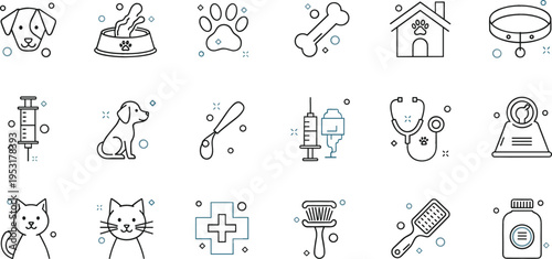 Pet care icons set with dog cat veterinary tools grooming and supplies, animal clinic and hygiene outline collection vector illustration pack
