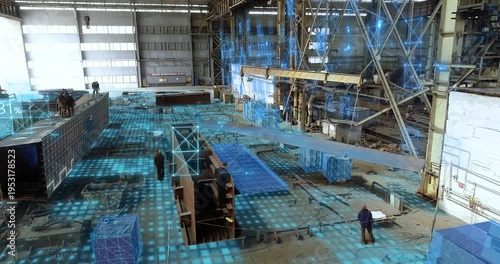 Concept of a large manufacturing plant and shipbuilding industry. Industry 4.0. Smart Manufacturing. Smart industry and smart factory inside. Industrial interior.