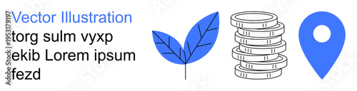 Nature, finance, sustainability, growth, navigation, location tracking. Blue leaf, stacked coins and pin icon in clean vector style. Finance and navigation conceptual
