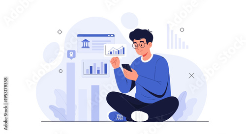 Man with Phone Analyzing Financial Charts and Graphs, Digital Finance Concept