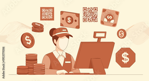 Retail Cashier. Digital Payment Transaction. Flat Vector Illustration. Business Finance.