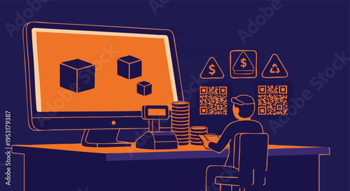 Digital Commerce Blockchain Concept. Online Business Illustration. Financial Technology. Cryptocurrency Transaction.