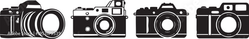 Four different types of cameras in black and white silhouette