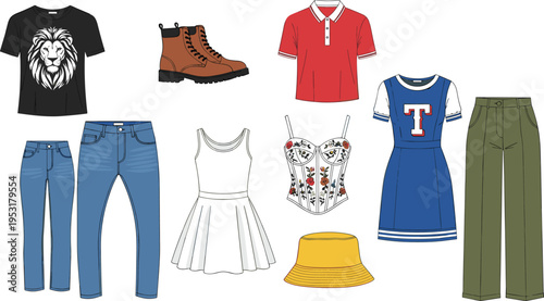 Casual and seasonal apparel collection with modern fashion accessories, flat vector illustration of a trendy capsule wardrobe set.