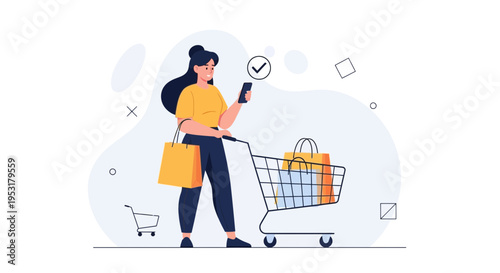Woman with shopping cart and phone, online shopping concept, e-commerce, digital marketing