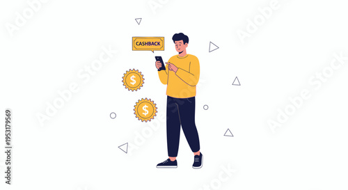 Man Using Smartphone for Cashback, Money and Online Shopping Concept