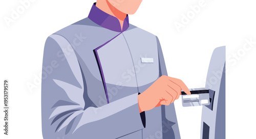 Person using credit card at ATM. Financial transaction. Banking service. Payment processing. Flat vector illustration.