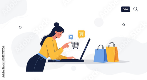 Woman shopping online on laptop with shopping bags and cart icons