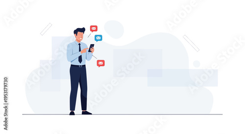 Man in Suit Using Smartphone with Chat Bubbles, Business Communication Concept
