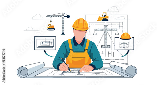 Engineer Planning. Construction Worker. Blueprint Design. Flat Illustration. Building Concept.