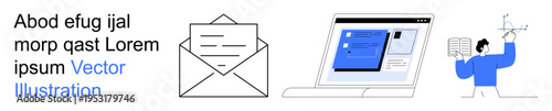 Digital communication, remote learning, email workflow, online education, conceptual work, information sharing. Open envelope, laptop screen and person reading or presenting. Digital communication
