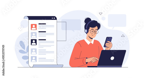 Woman with headset using laptop and smartphone, list of people on screen, remote work concept