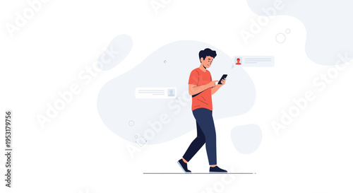 Man Walking While Texting on Smartphone, Digital Communication Concept