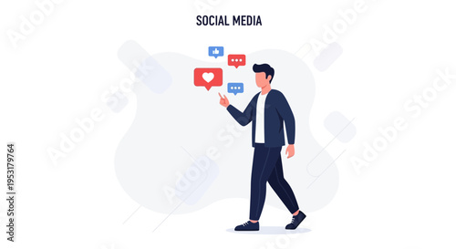 Man Interacting with Social Media Icons, Likes, Comments, and Notifications